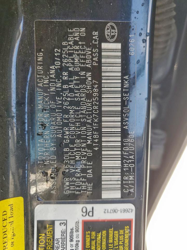 4T4BF1FK7CR259847 2012 Toyota Camry Base