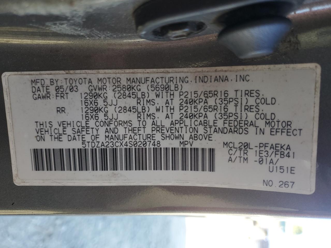 2004 Toyota Sienna Ce VIN: 5TDZA23CX4S020748 Lot: 66637485