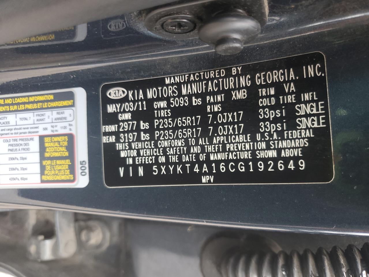 2012 Kia Sorento Base VIN: 5XYKT4A16CG192649 Lot: 64755895