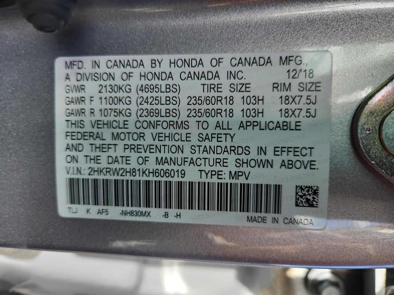 2019 Honda Cr-V Exl VIN: 2HKRW2H81KH606019 Lot: 64863925