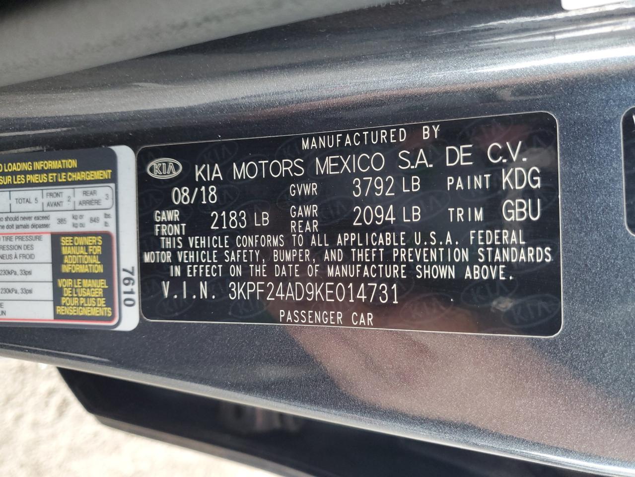 2019 Kia Forte Fe VIN: 3KPF24AD9KE014731 Lot: 64839205