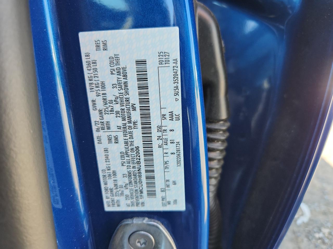 2022 Ford Escape Sel VIN: 1FMCU0H69NUB22006 Lot: 64504005