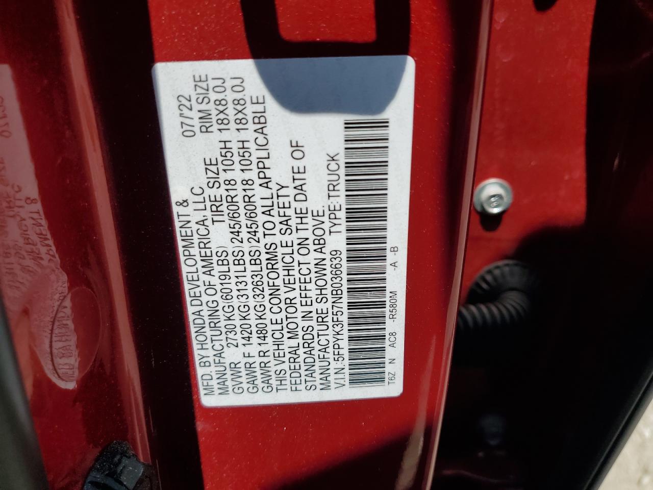 2022 Honda Ridgeline Rtl VIN: 5FPYK3F57NB036639 Lot: 63620915
