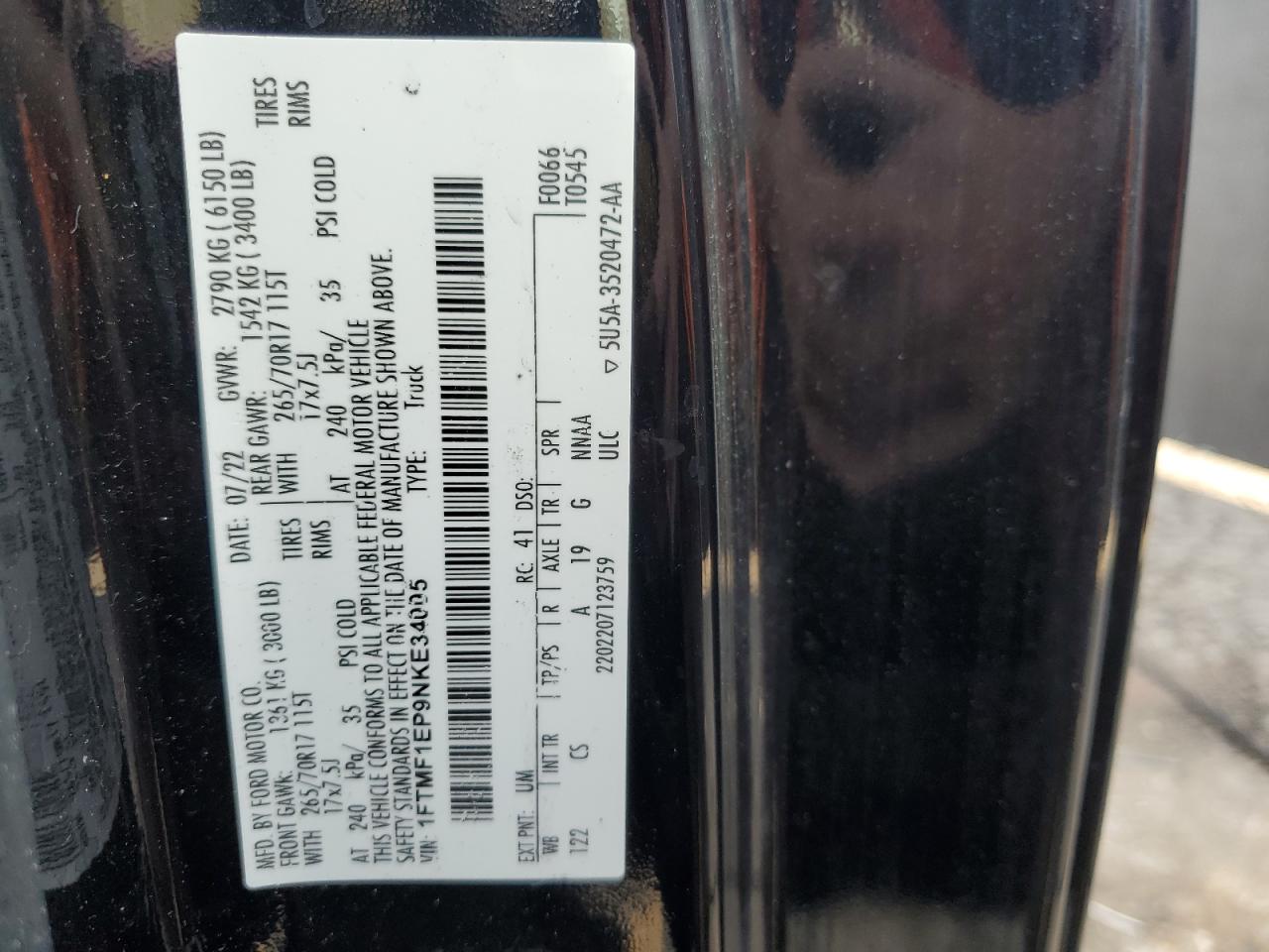 2022 Ford F150 VIN: 1FTMF1EP9NKE34005 Lot: 64020175