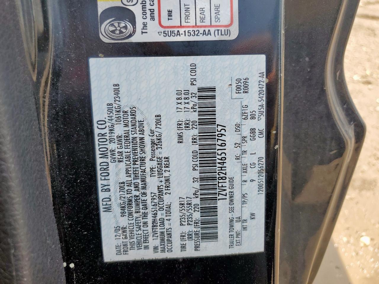 2006 Ford Mustang Gt VIN: 1ZVFT82H465167957 Lot: 64004365