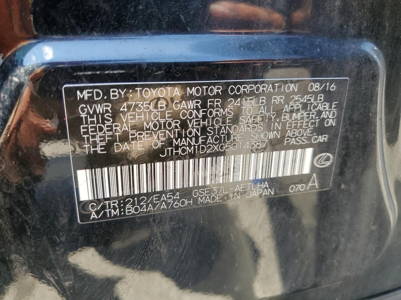 2016 Lexus Is 300 VIN: JTHCM1D2XG5014387 Lot: 63165965