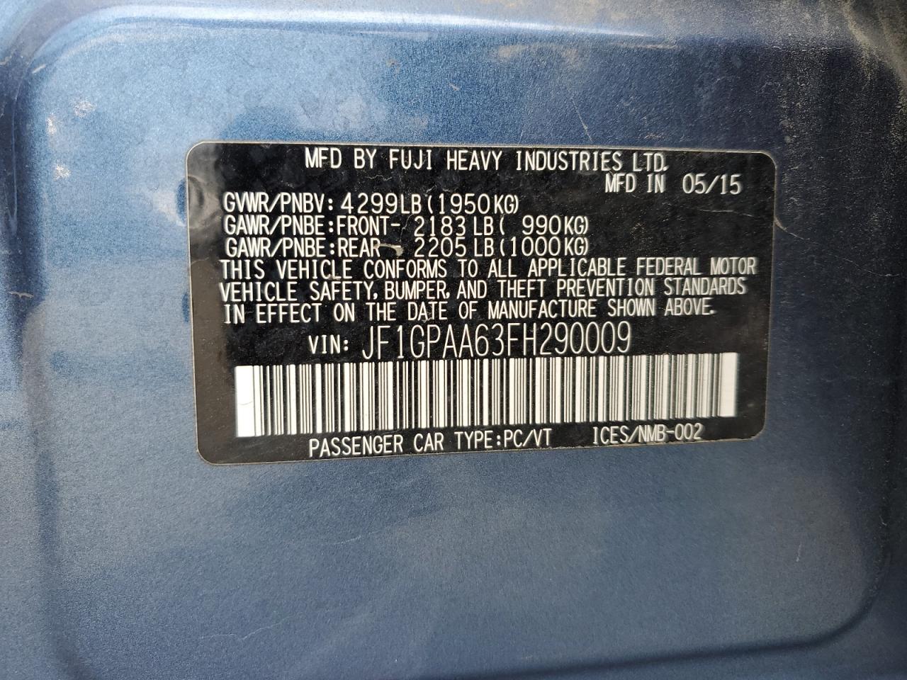 2015 Subaru Impreza VIN: JF1GPAA63FH290009 Lot: 64487215