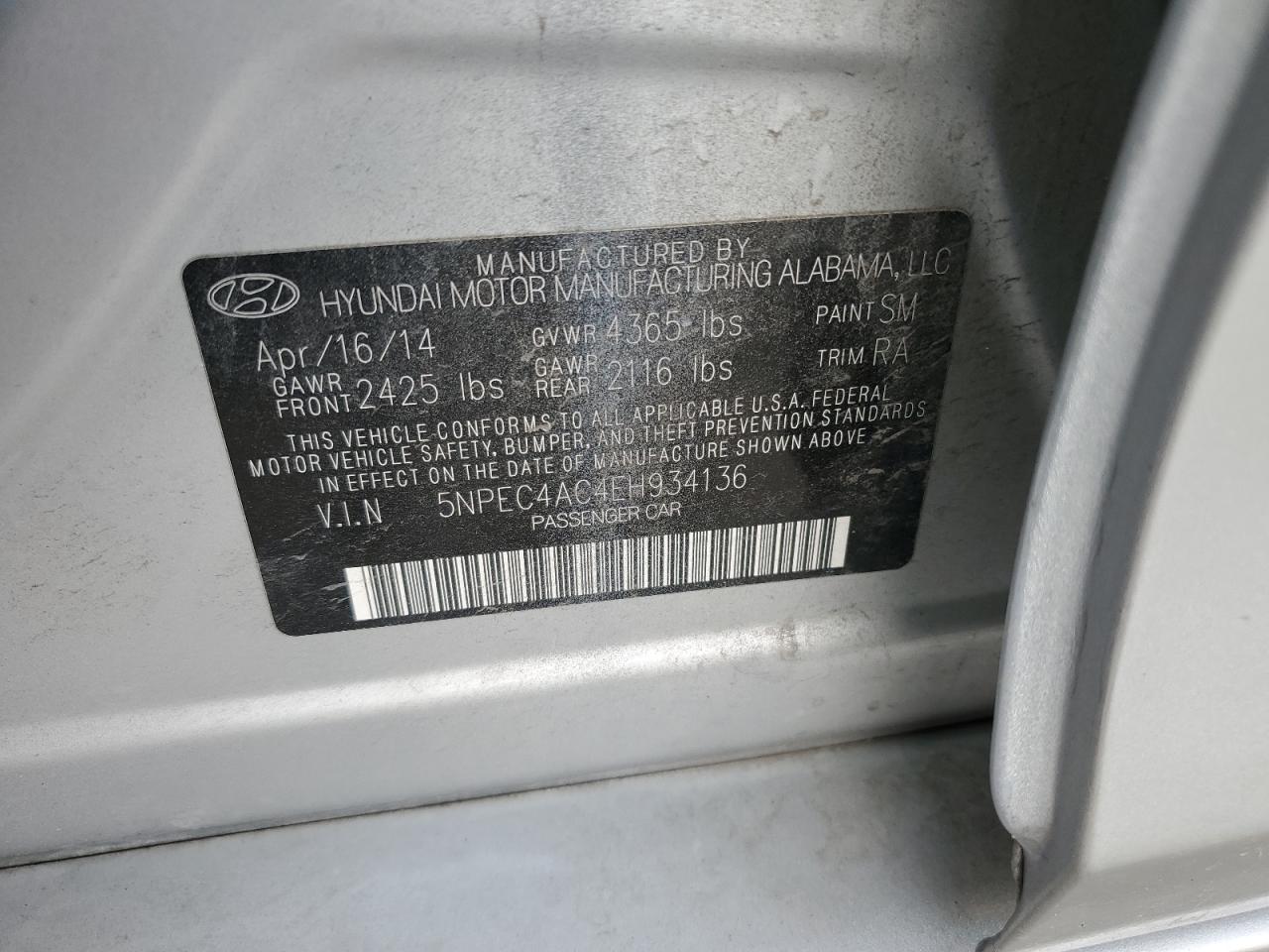 2014 Hyundai Sonata Se VIN: 5NPEC4AC4EH934136 Lot: 64689295