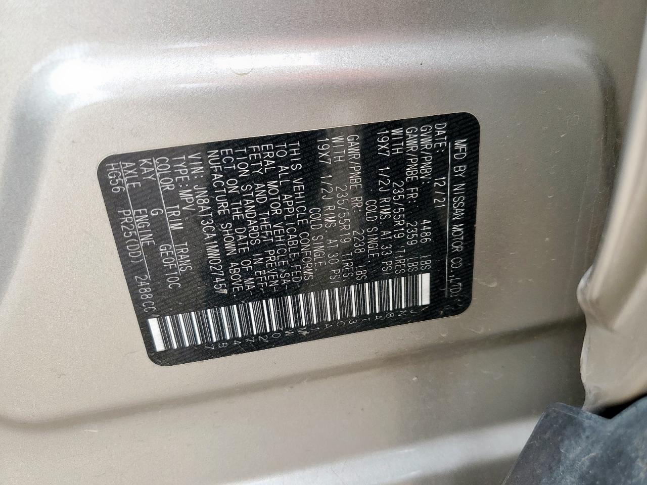 2021 Nissan Rogue Sl VIN: JN8AT3CA1MW027457 Lot: 62199735