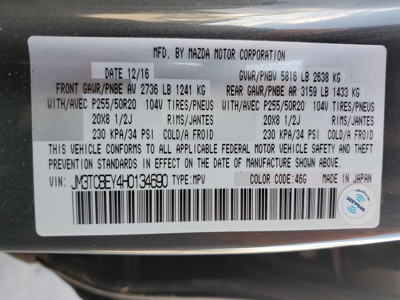 2017 Mazda Cx-9 Signature VIN: JM3TCBEY4H0134690 Lot: 63117445