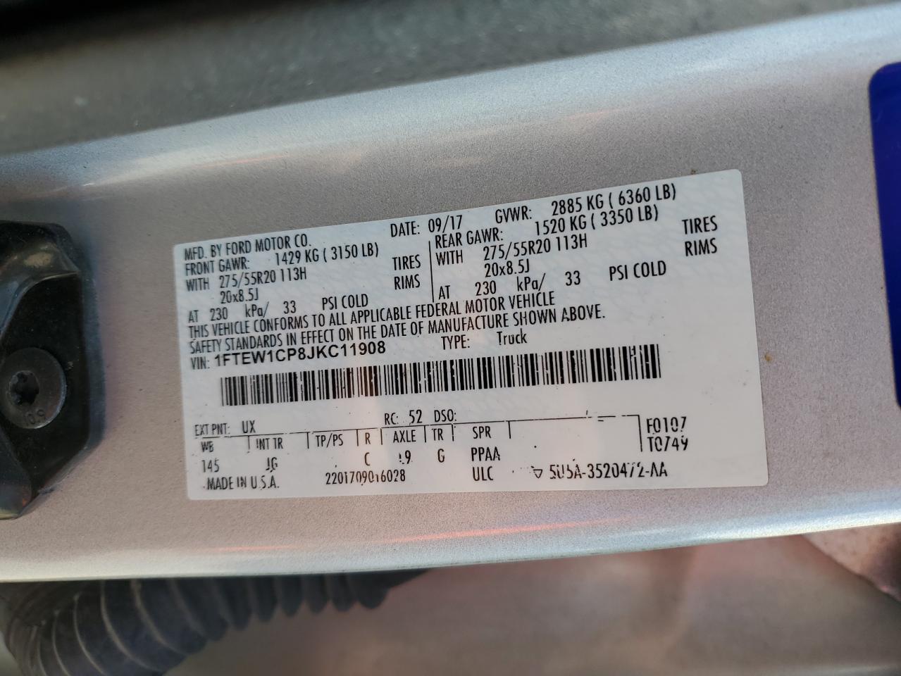 2018 Ford F150 Supercrew VIN: 1FTEW1CP8JKC11908 Lot: 64096465