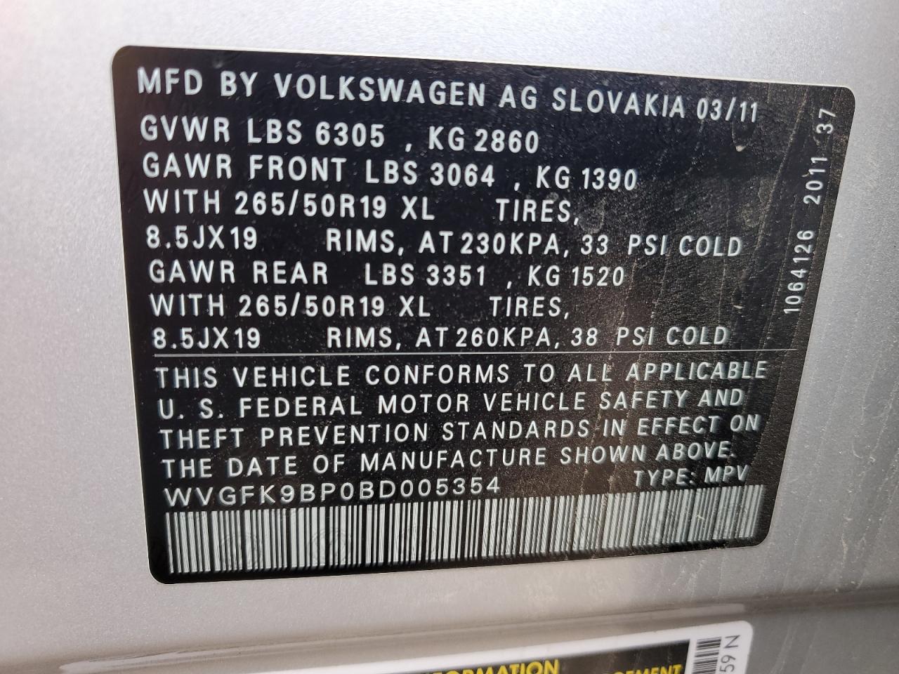 2011 Volkswagen Touareg V6 Tdi VIN: WVGFK9BP0BD005354 Lot: 63149175