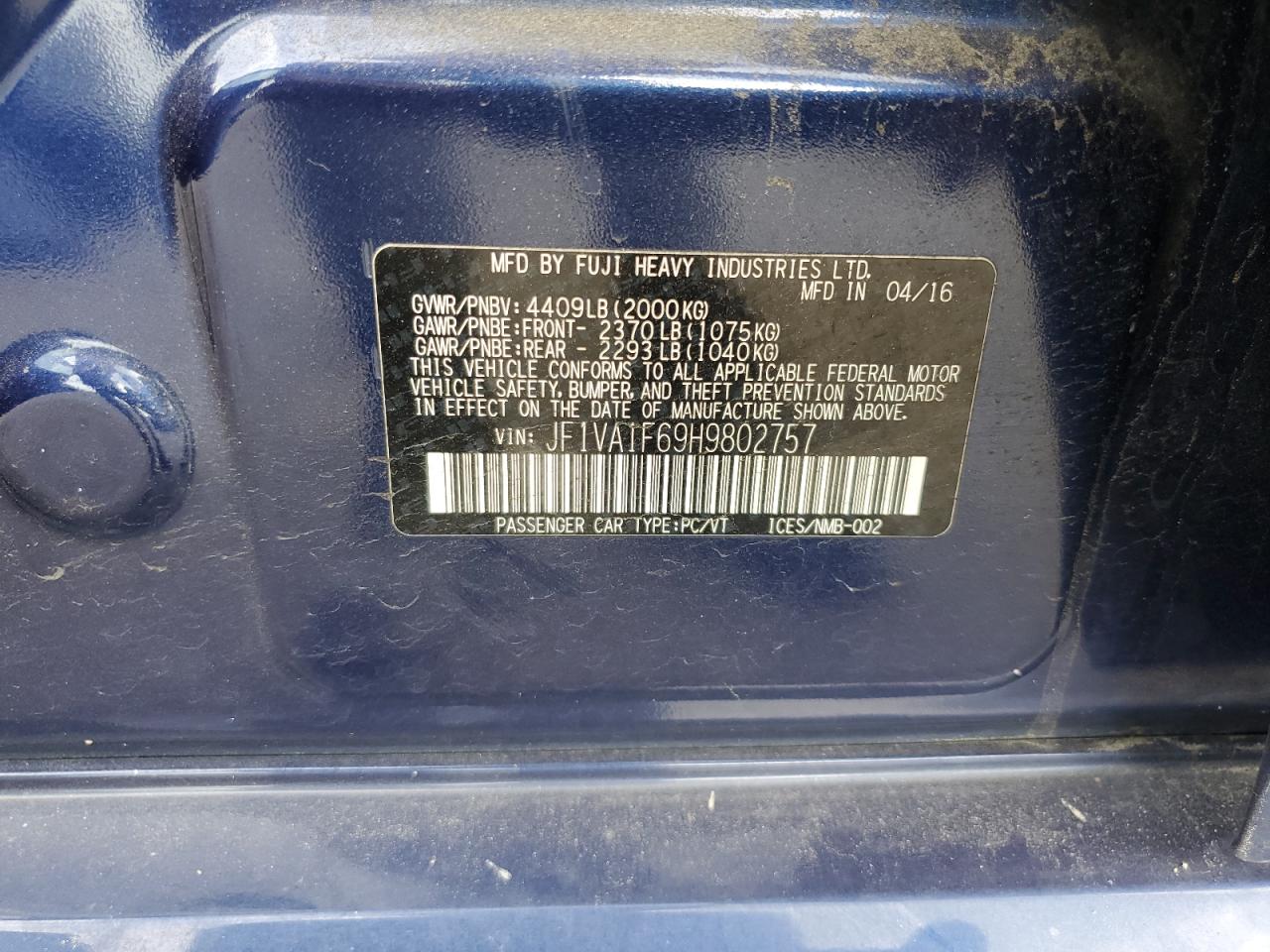2017 Subaru Wrx Premium VIN: JF1VA1F69H9802757 Lot: 62461475