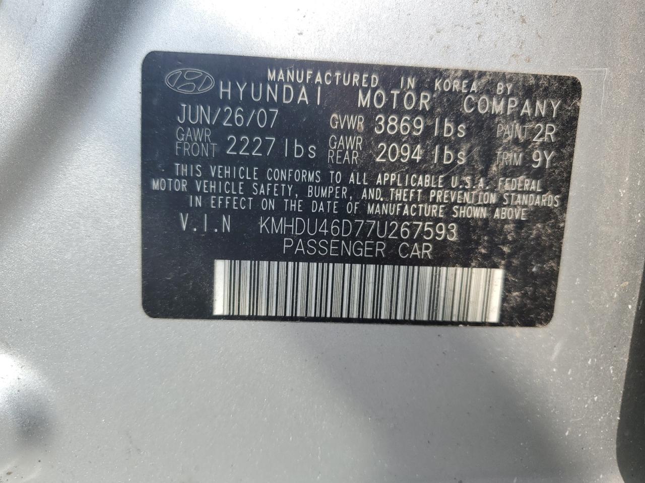 2007 Hyundai Elantra Gls VIN: KMHDU46D77U267593 Lot: 64388695