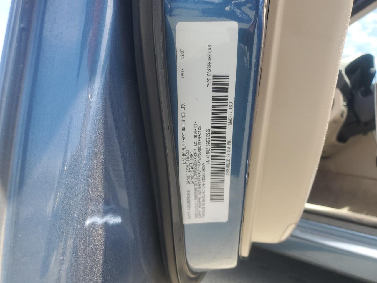 2008 Subaru Legacy 2.5I VIN: 4S3BL616987212985 Lot: 63662345