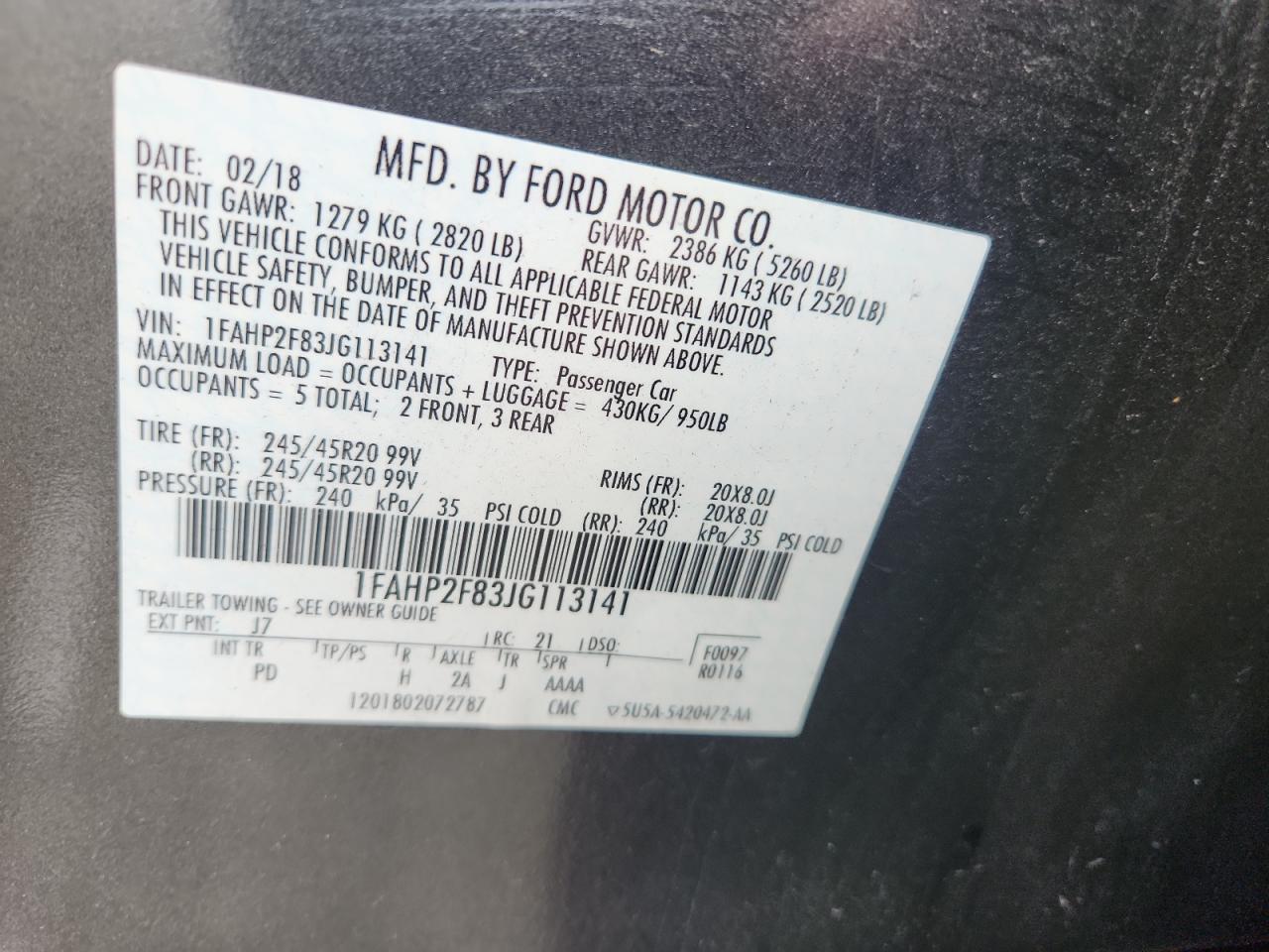 2018 Ford Taurus Limited VIN: 1FAHP2F83JG113141 Lot: 64277195