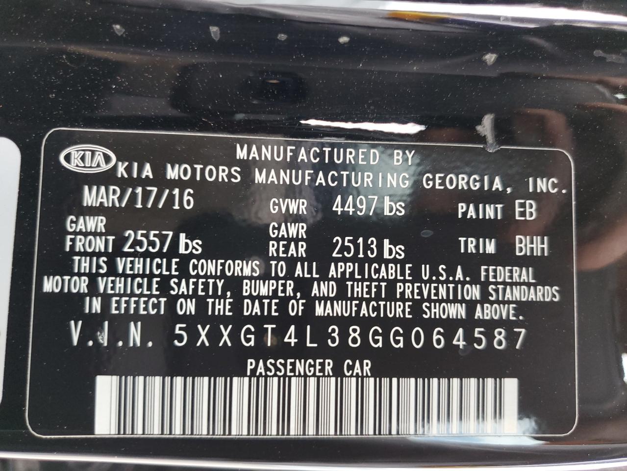 2016 Kia Optima Lx VIN: 5XXGT4L38GG064587 Lot: 62959925