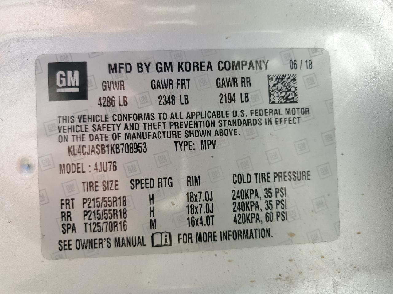 2019 Buick Encore Preferred VIN: KL4CJASB1KB708953 Lot: 65457755