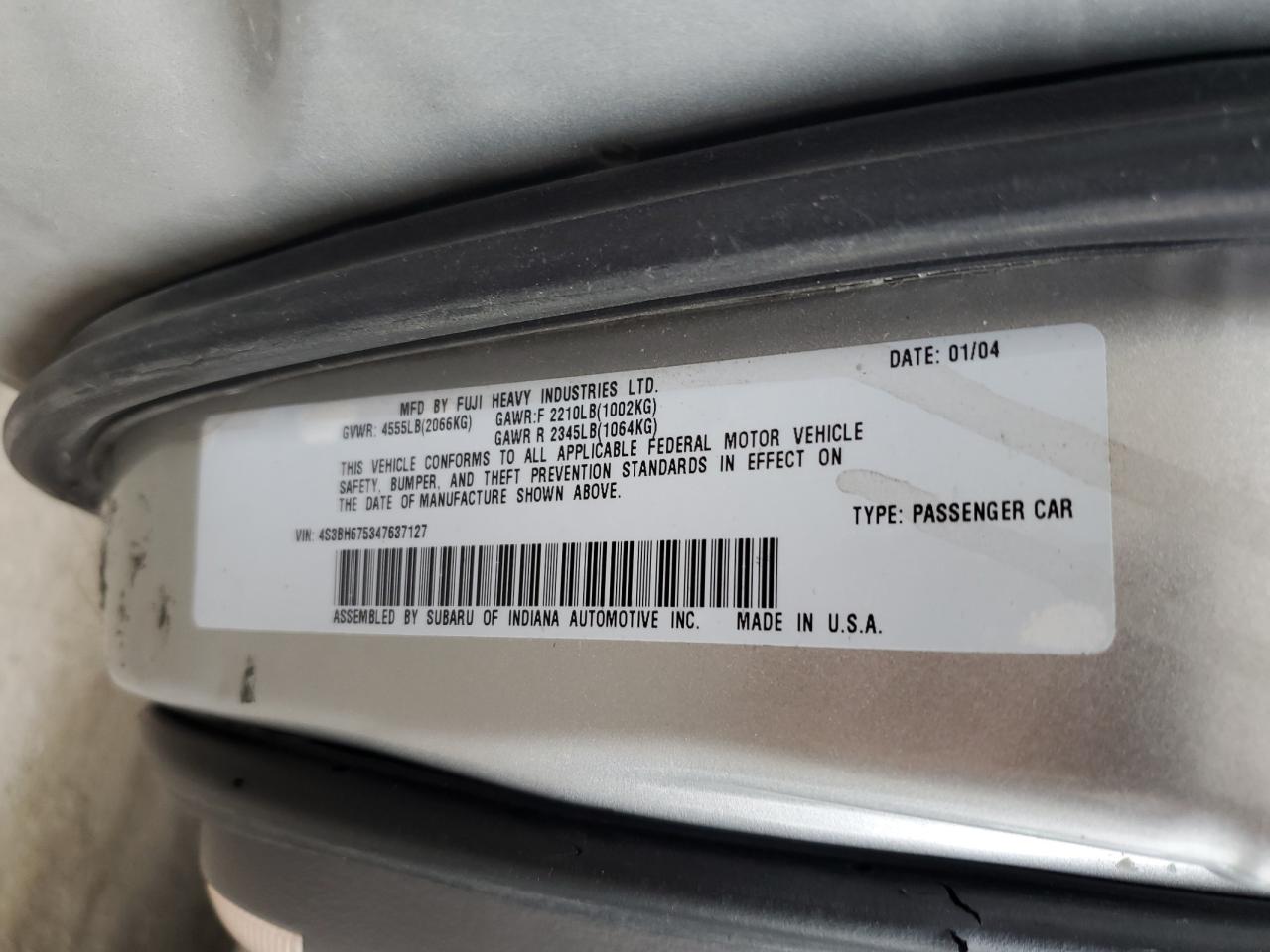 2004 Subaru Legacy Outback Awp VIN: 4S3BH675347637127 Lot: 63560055
