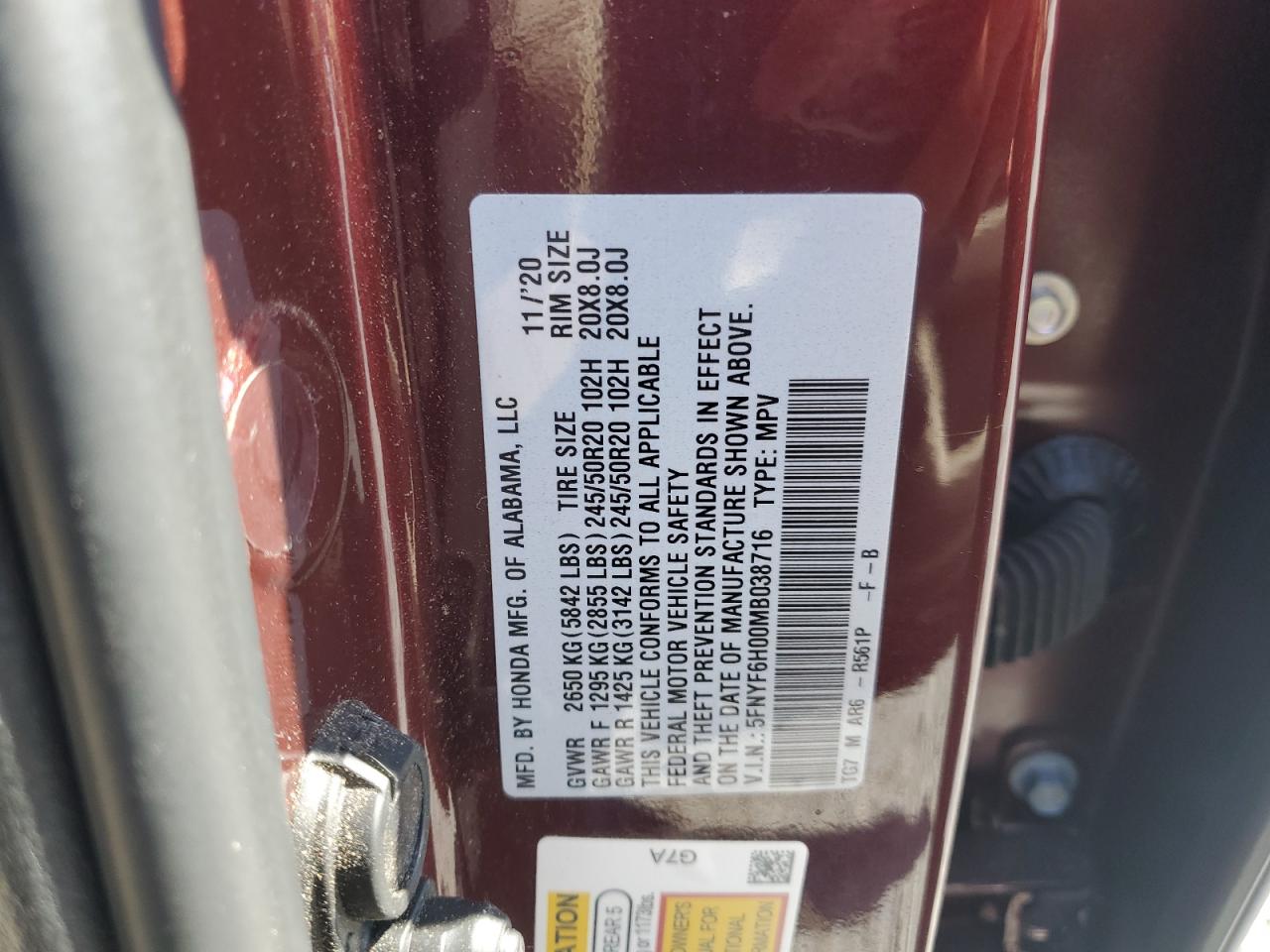 2021 Honda Pilot Elite VIN: 5FNYF6H00MB038716 Lot: 64621665