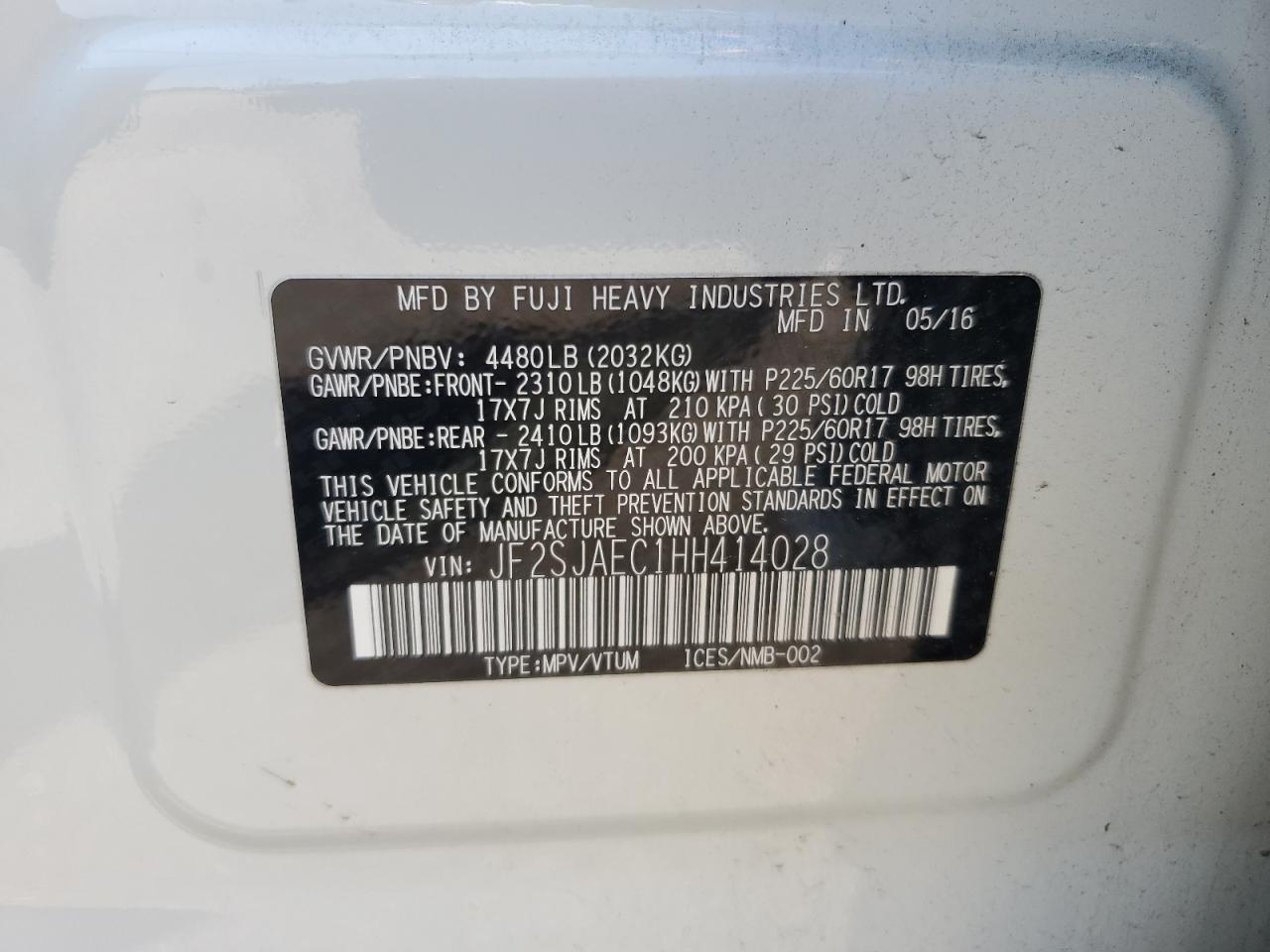2017 Subaru Forester 2.5I Premium VIN: JF2SJAEC1HH414028 Lot: 62928665