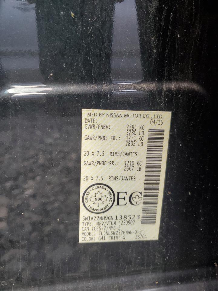 2016 Nissan Murano S VIN: 5N1AZ2MH9GN138523 Lot: 65434395