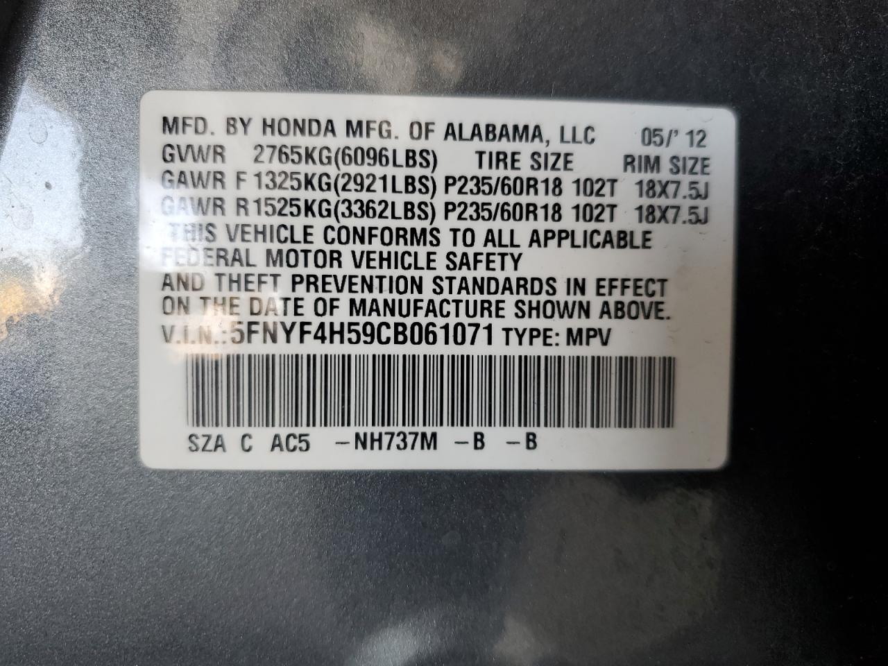 2012 Honda Pilot Exl VIN: 5FNYF4H59CB061071 Lot: 64268235