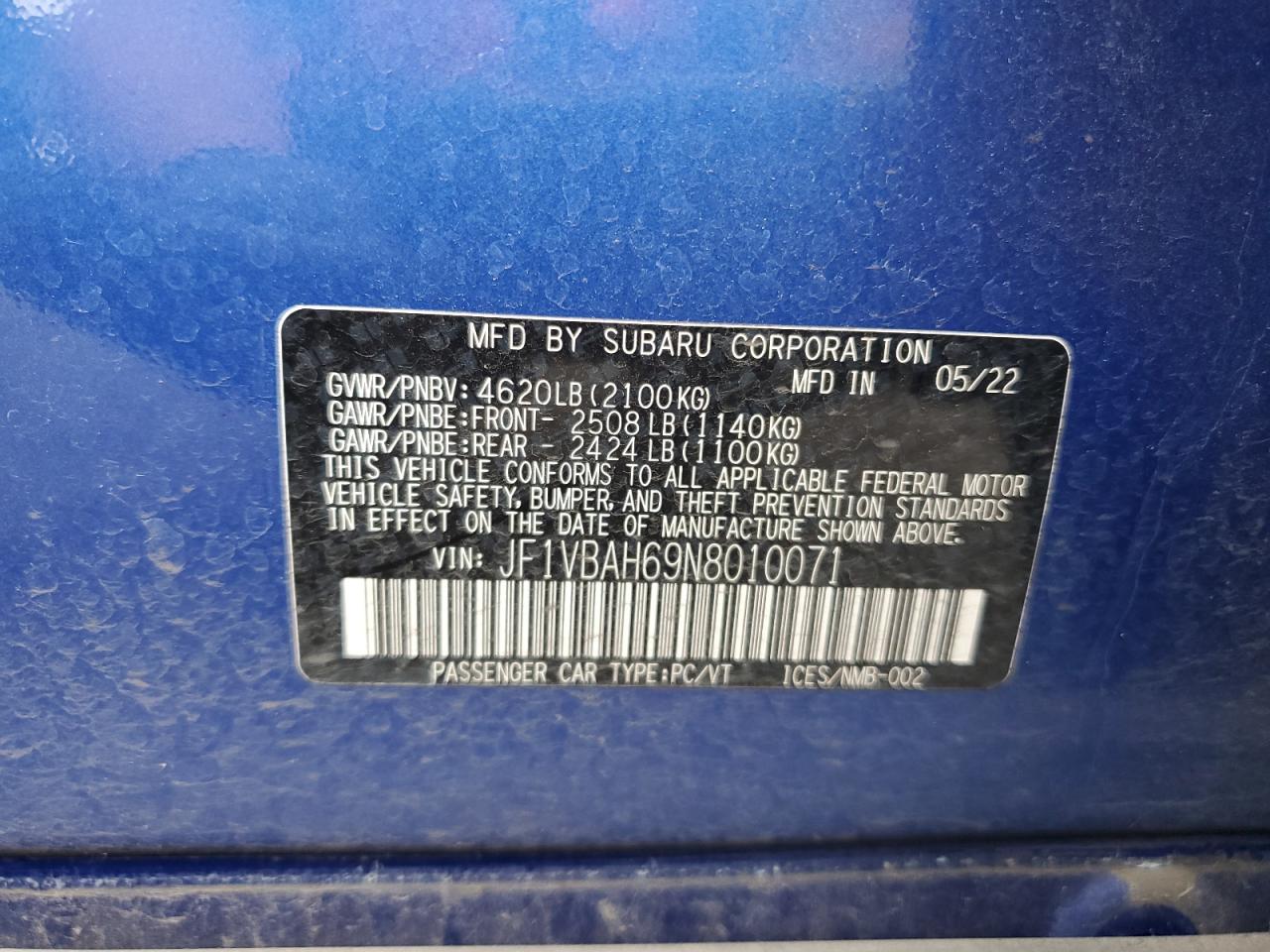 2022 Subaru Wrx Premium VIN: JF1VBAH69N8010071 Lot: 63837235