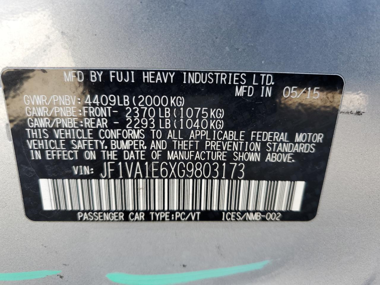 2016 Subaru Wrx Premium VIN: JF1VA1E6XG9803173 Lot: 64681725