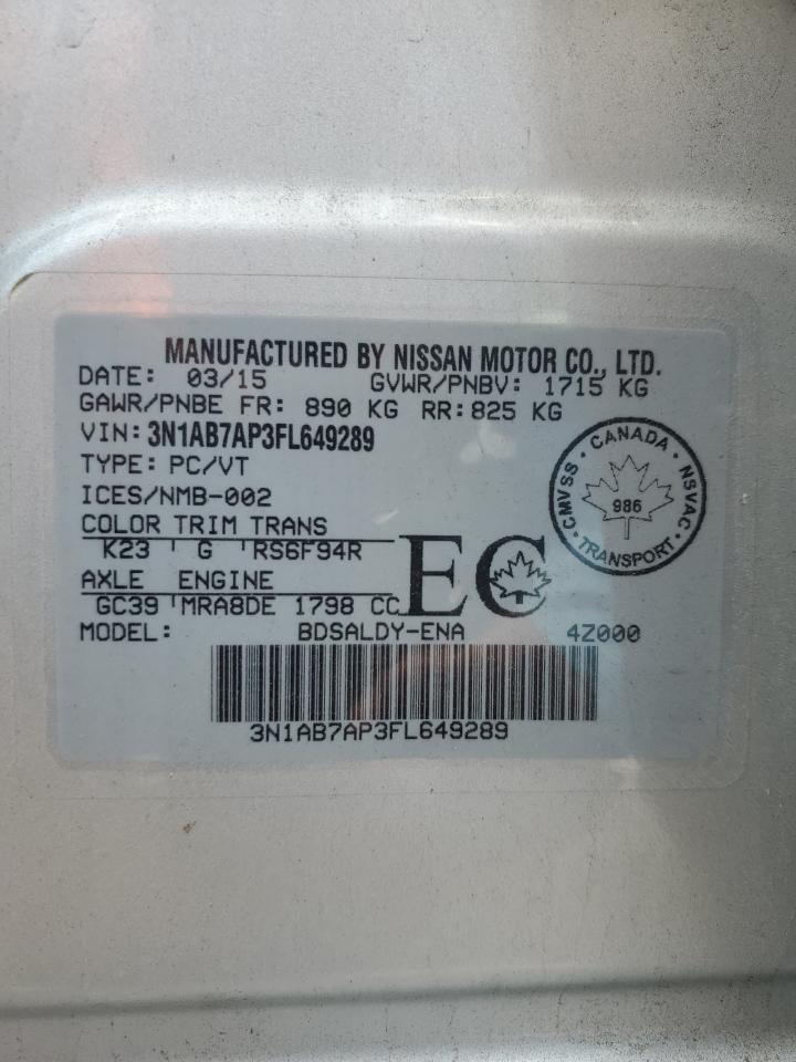 2015 Nissan Sentra S VIN: 3N1AB7AP3FL649289 Lot: 62900455