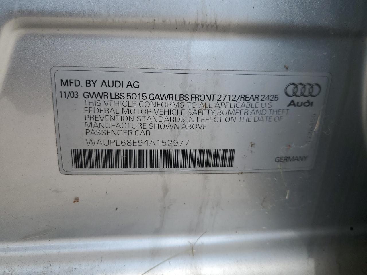 2004 Audi S4 VIN: WAUPL68E94A152977 Lot: 65653135