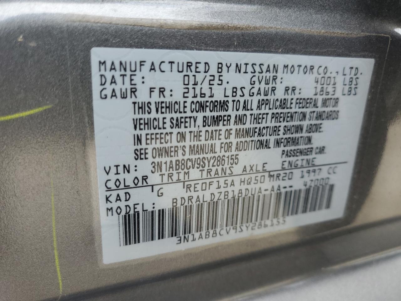 2025 Nissan Sentra Sv VIN: 3N1AB8CV9SY286155 Lot: 63878065