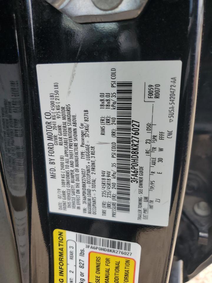 2019 Ford Fusion Se VIN: 3FA6P0HD8KR276027 Lot: 66023825