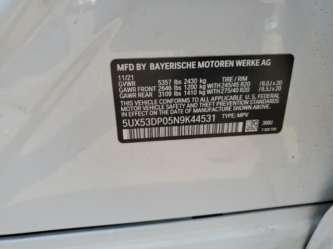 2022 BMW X3 xDrive30I VIN: 5UX53DP05N9K44531 Lot: 64655985