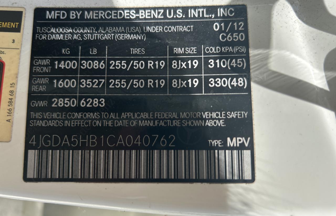 2012 Mercedes-Benz Ml 350 4Matic VIN: 4JGDA5HB1CA040762 Lot: 65743595