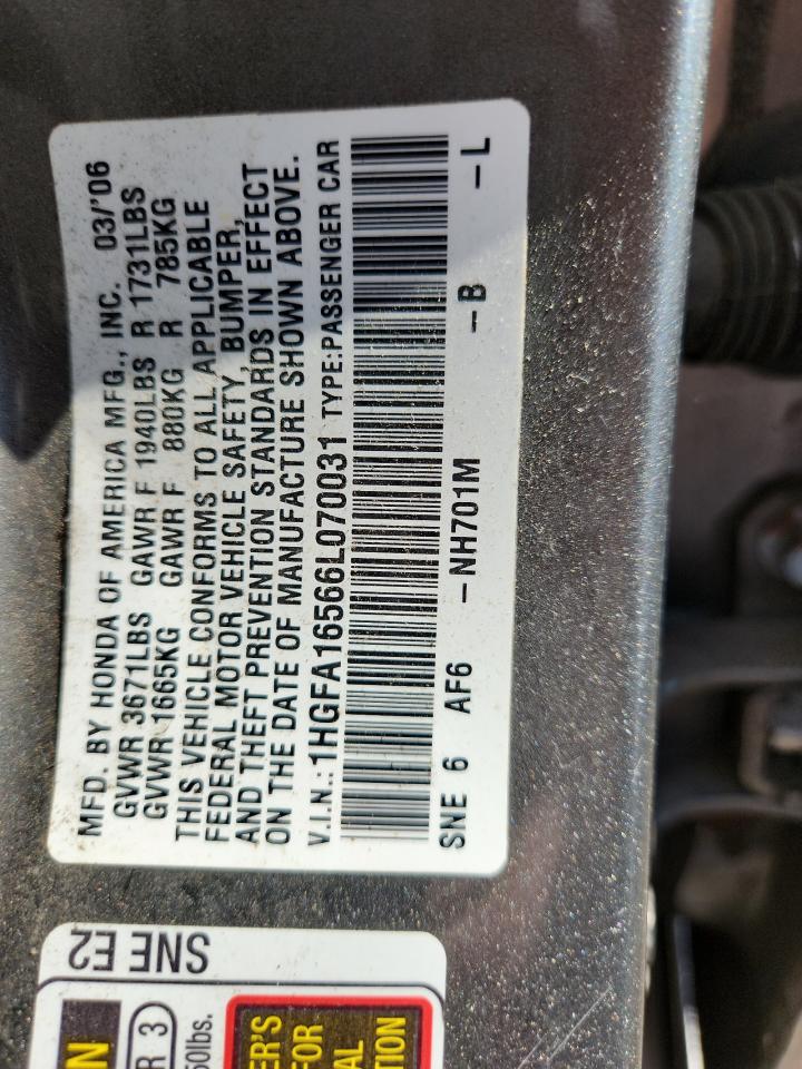 2006 Honda Civic Lx VIN: 1HGFA16566L070031 Lot: 65466945
