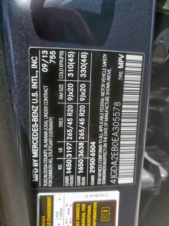2014 Mercedes-Benz Ml 350 Bluetec VIN: 4JGDA2EB0EA305578 Lot: 61788705