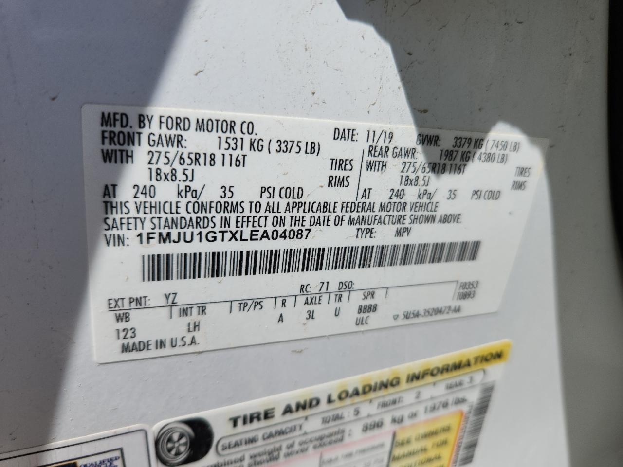 2020 Ford Expedition Xl VIN: 1FMJU1GTXLEA04087 Lot: 64584485