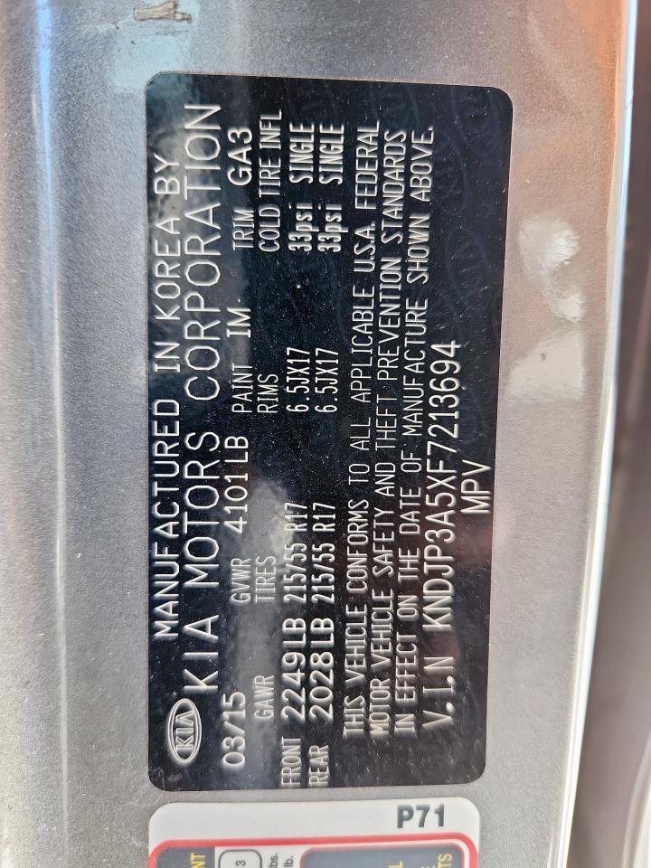2015 Kia Soul + VIN: KNDJP3A5XF7213694 Lot: 64065485