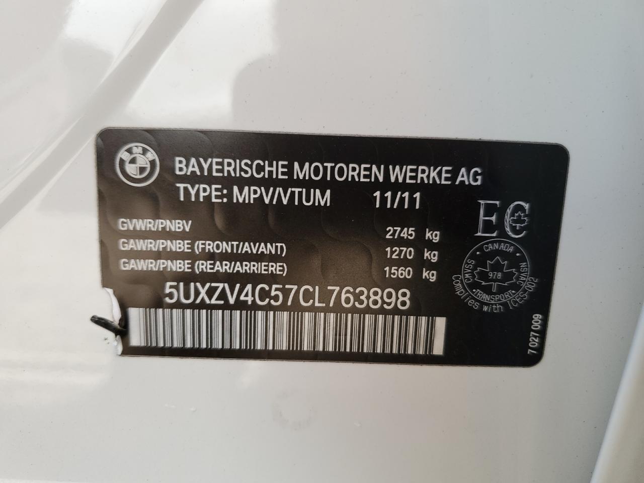 2012 BMW X5 xDrive35I VIN: 5UXZV4C57CL763898 Lot: 65042055