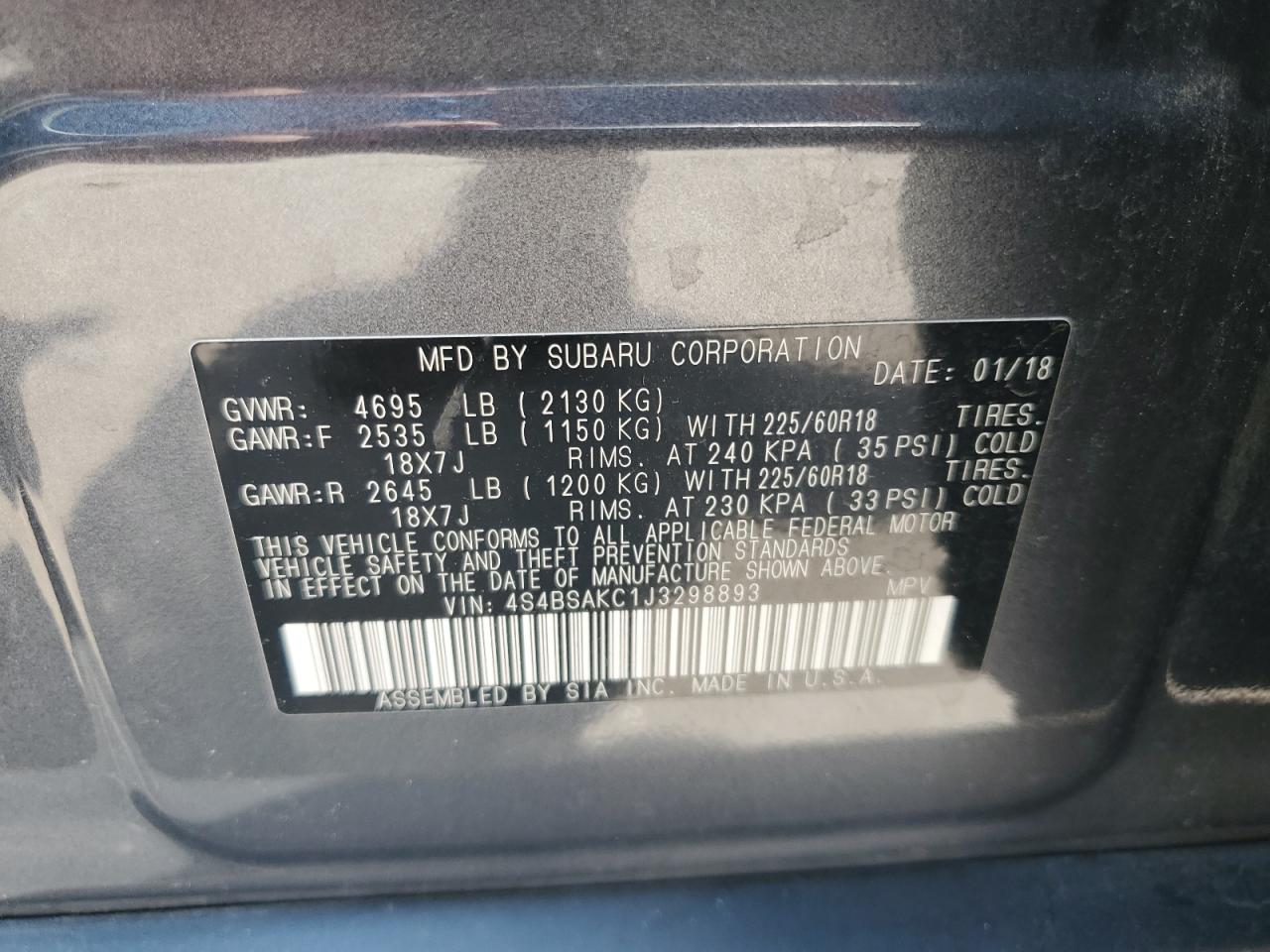 2018 Subaru Outback 2.5I Limited VIN: 4S4BSAKC1J3298893 Lot: 64170135