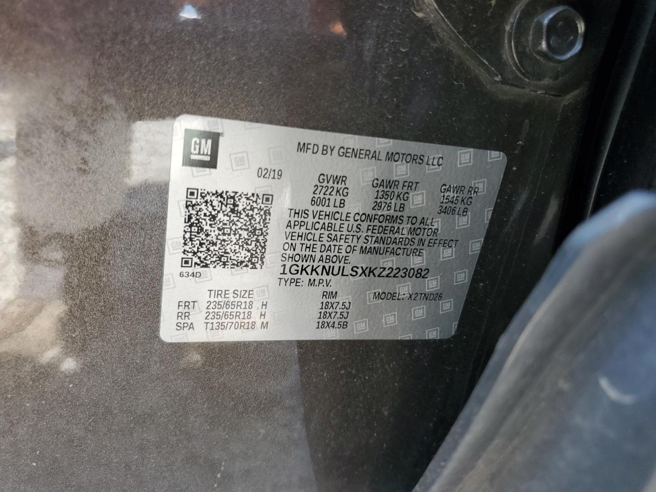 2019 GMC Acadia Slt-1 VIN: 1GKKNULSXKZ223082 Lot: 62504035