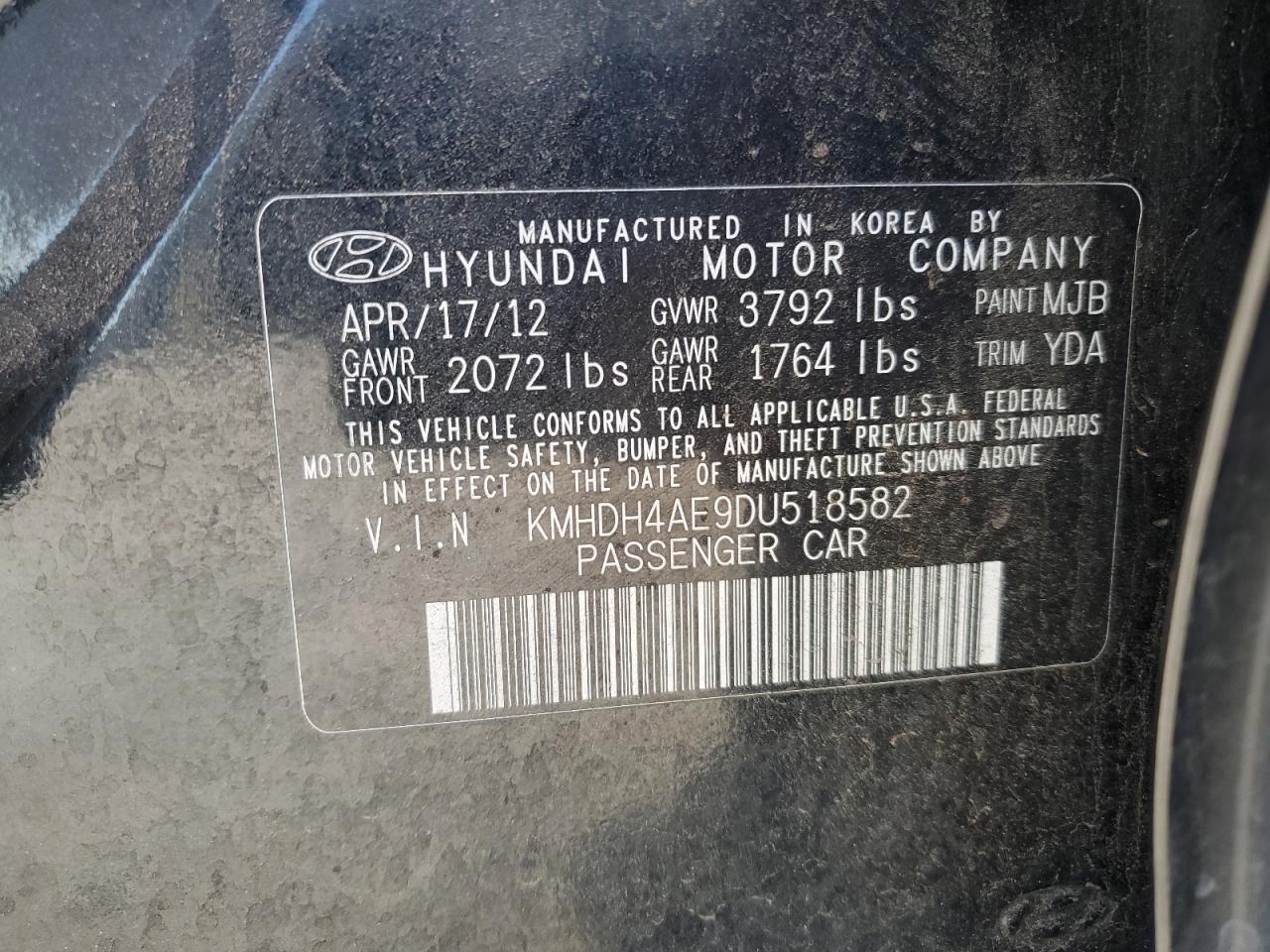 2013 Hyundai Elantra Gls VIN: KMHDH4AE9DU518582 Lot: 67113925