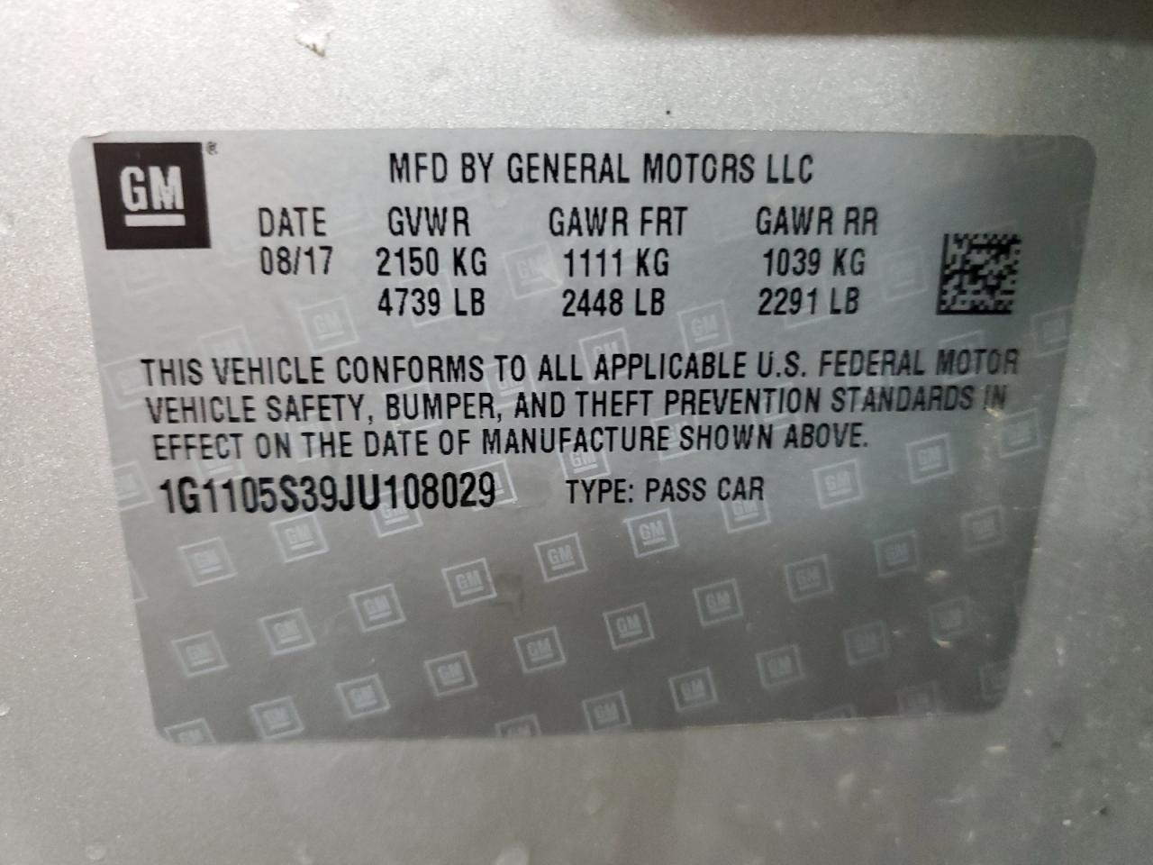 2018 Chevrolet Impala Lt VIN: 1G1105S39JU108029 Lot: 64384065