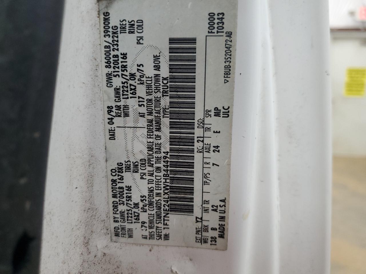 1998 Ford Econoline E250 Van VIN: 1FTNE24LXWHB44494 Lot: 86070495