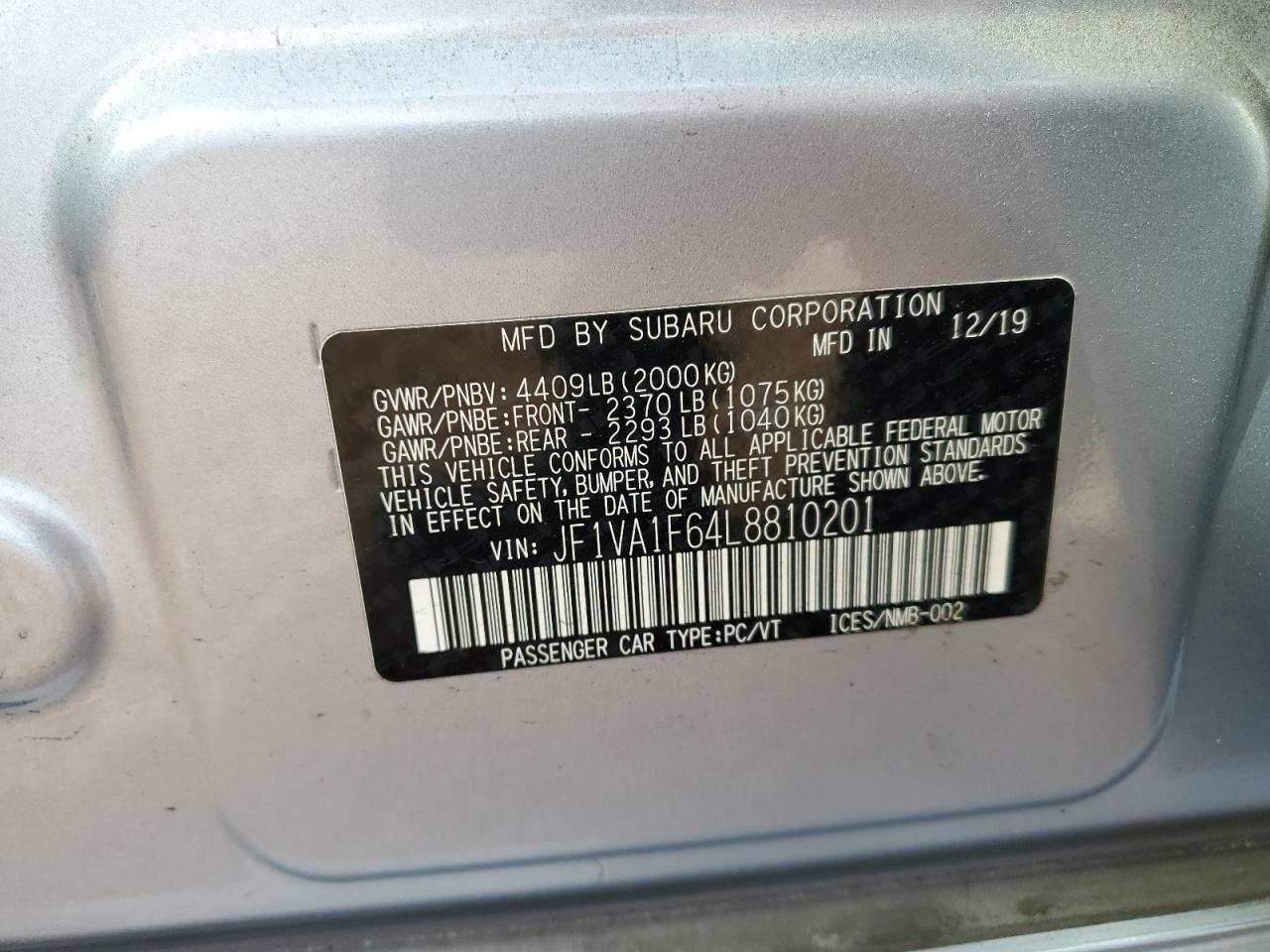 2020 Subaru Wrx Premium VIN: JF1VA1F64L8810201 Lot: 64965255