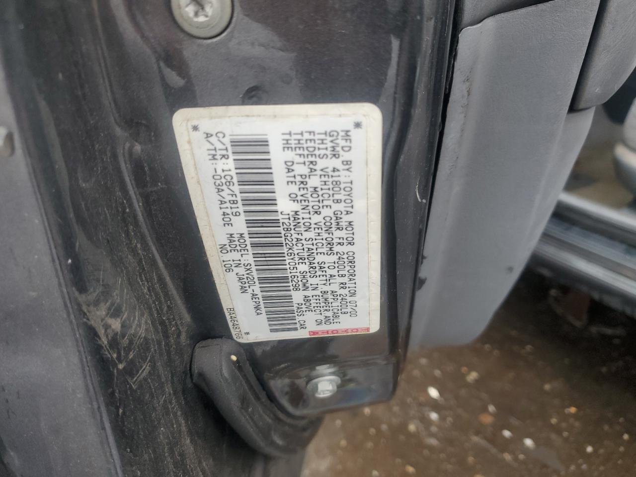 2000 Toyota Camry Ce VIN: JT2BG22K6Y0516298 Lot: 62852965