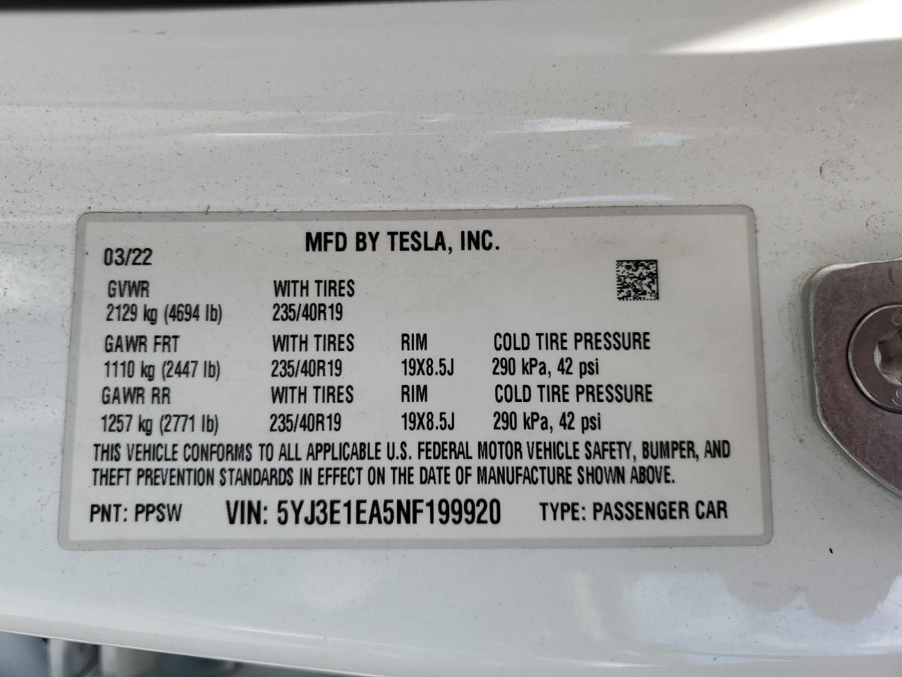 2022 Tesla Model 3 VIN: 5YJ3E1EA5NF199920 Lot: 65084855