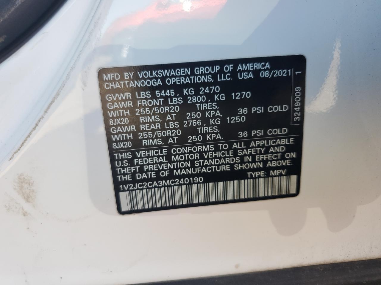 2021 Volkswagen Atlas Cross Sport Se VIN: 1V2JC2CA3MC240190 Lot: 63159905
