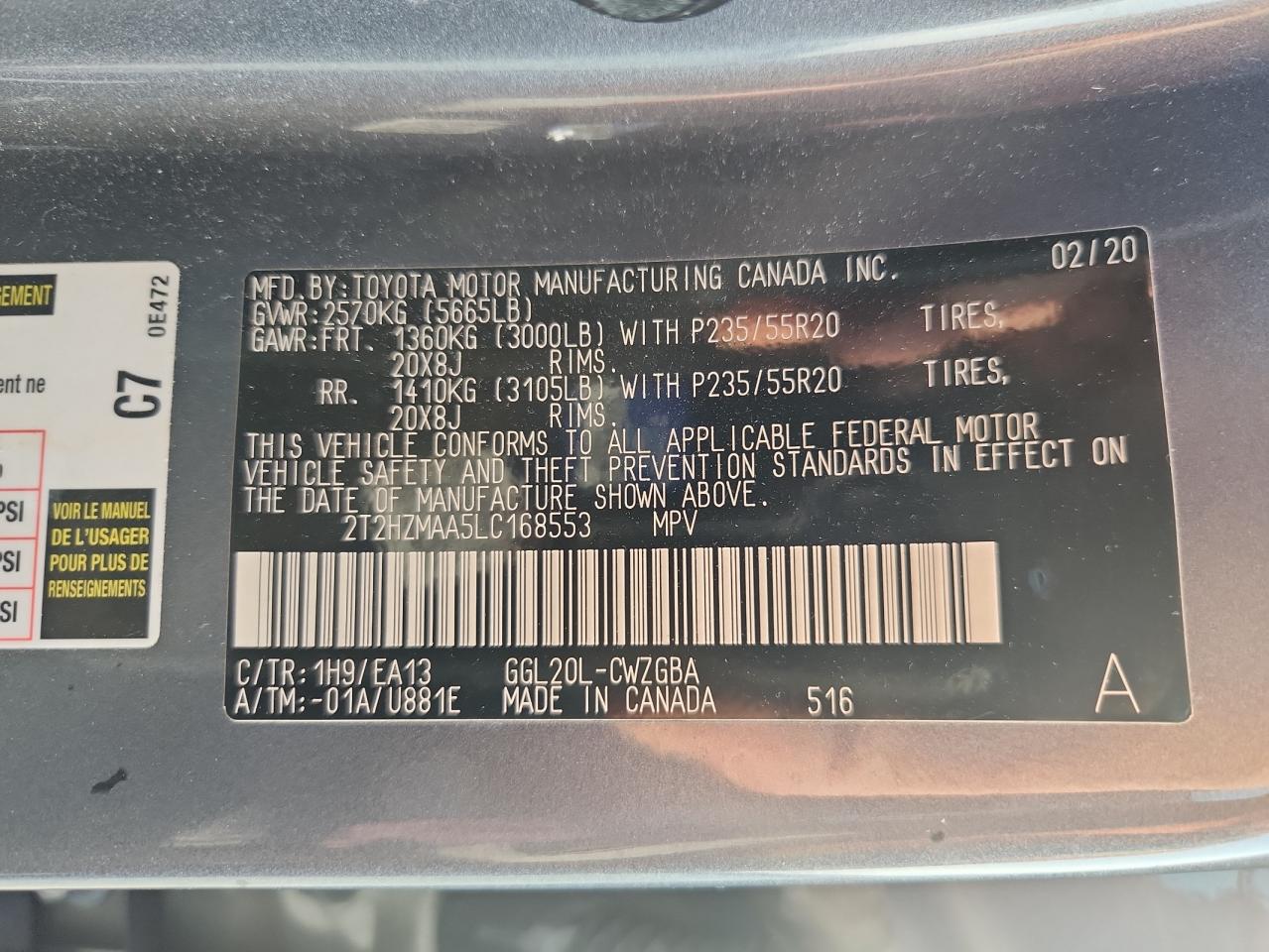 2020 Lexus Rx 350 VIN: 2T2HZMAA5LC168553 Lot: 64971045